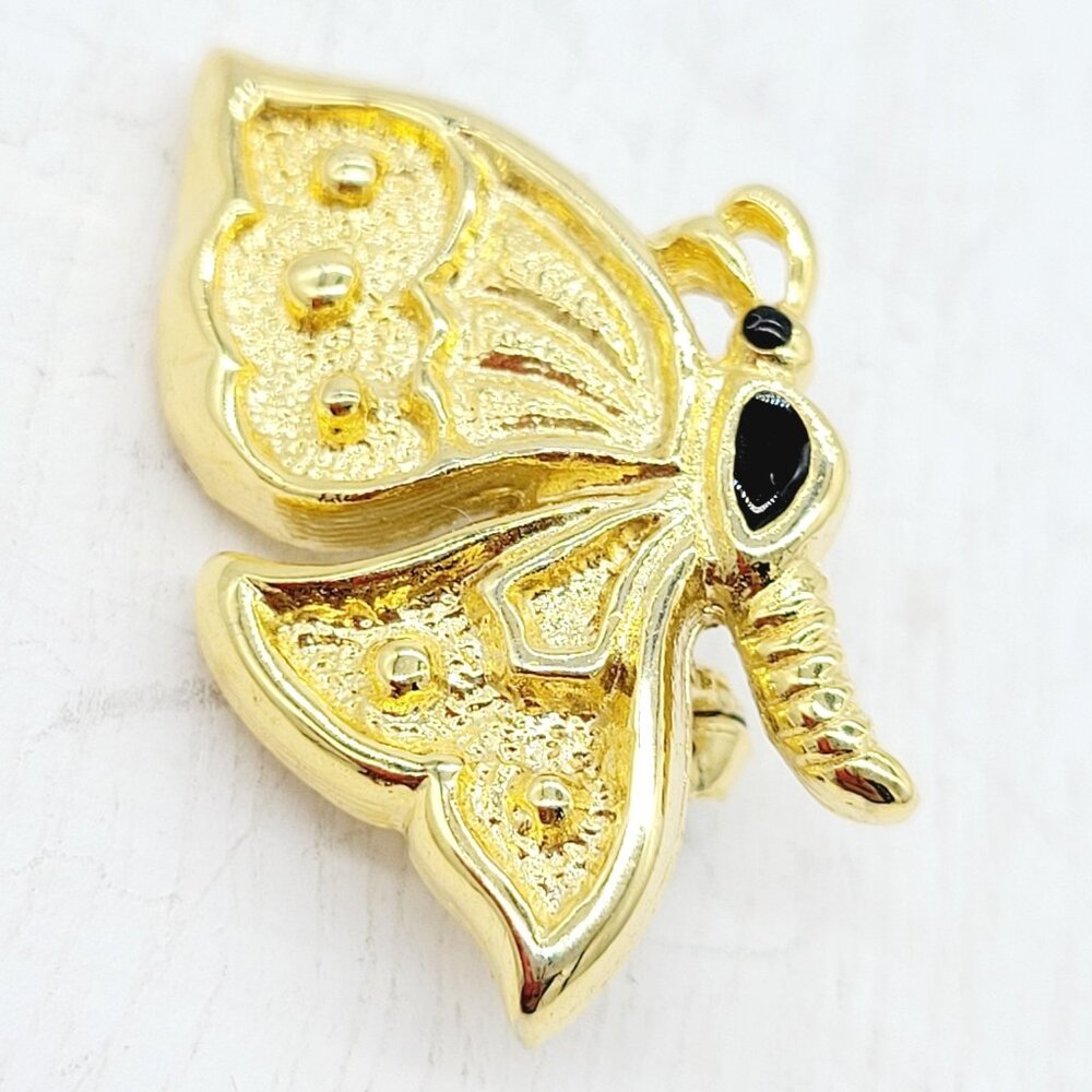 Signed New View Gold Tone Small Butterfly Brooch Black Enamel Accents 1"